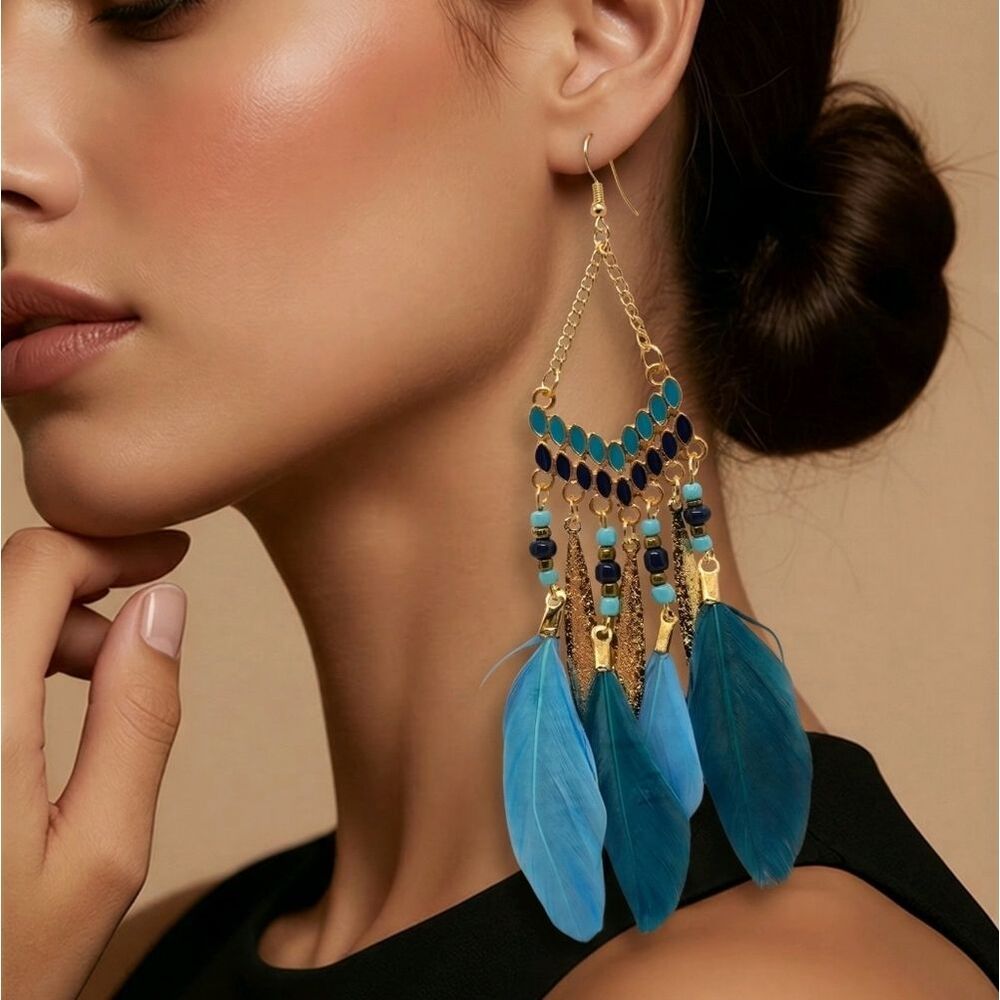 Boho Feather Tassel Beaded Earrings – Gypsy Tribal Festival Dangle Jewelry NWT